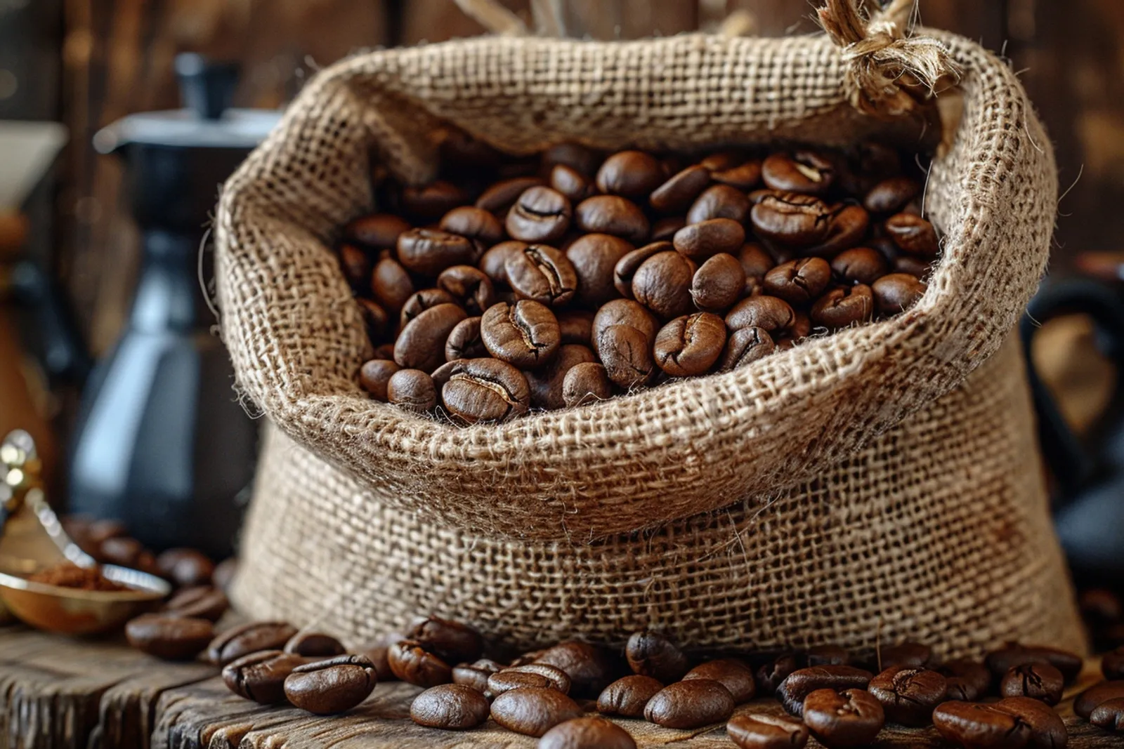 Une scène de dégustation de café avec des grains fraîchement torréfiés, une tasse et un moulin à café sous une lumière naturelle.