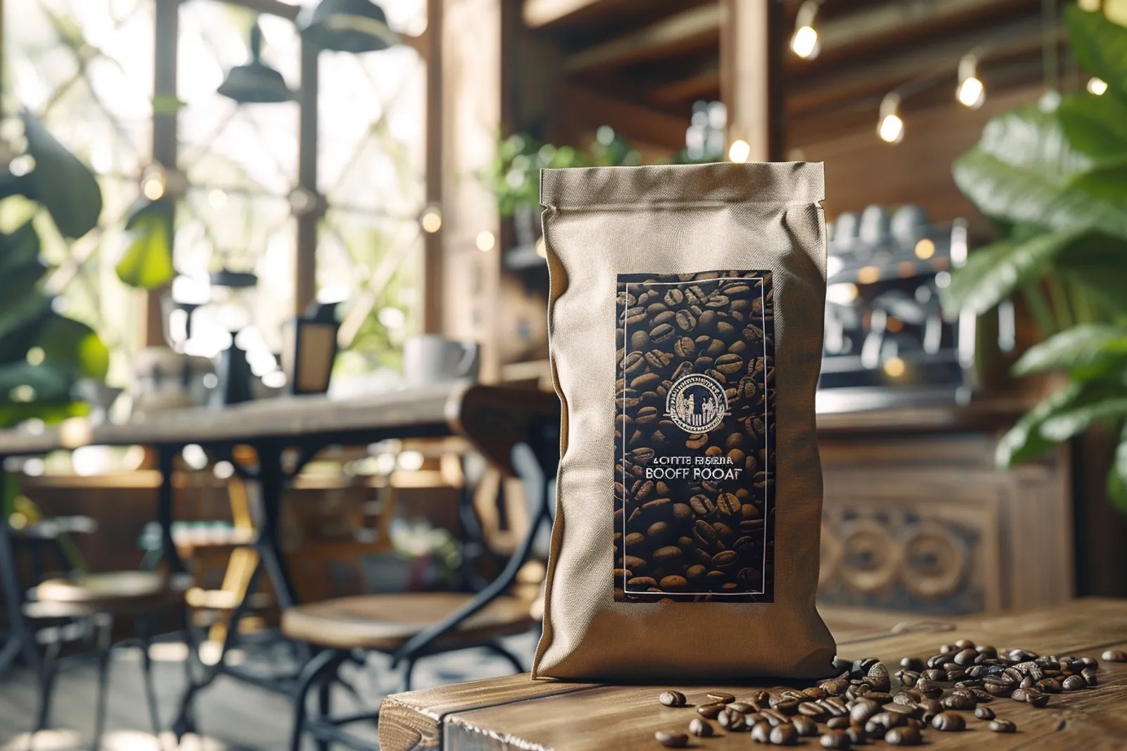 Une tasse d’expresso avec son sac de café en grain et un moulin, dans une cuisine lumineuse.