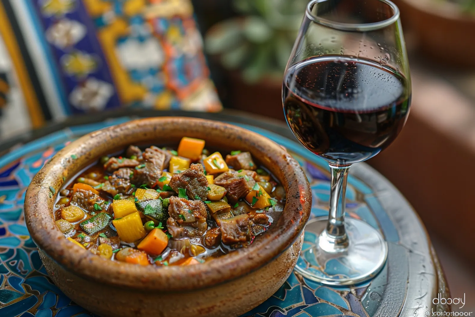 Un tajine d’agneau aux légumes servi à table avec un verre de vin rouge à côté.