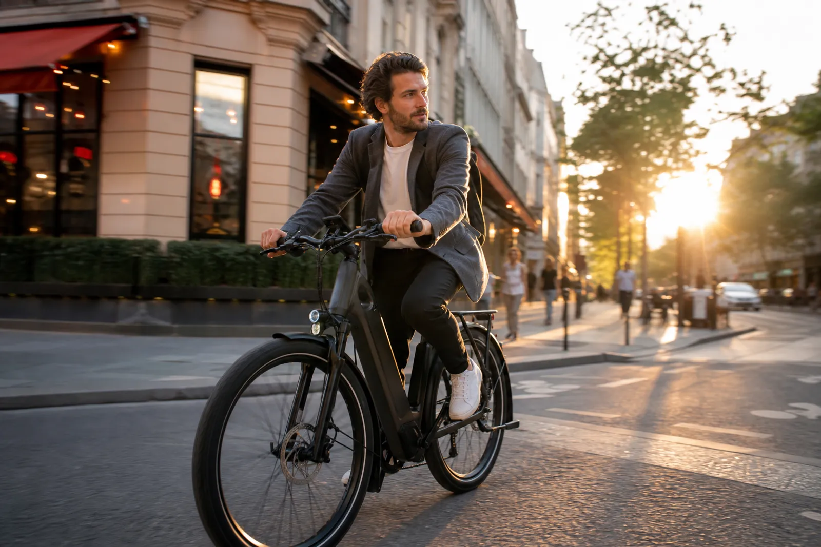 Cycliste roulant à vélo électrique dans une rue urbaine animée en fin de journée.