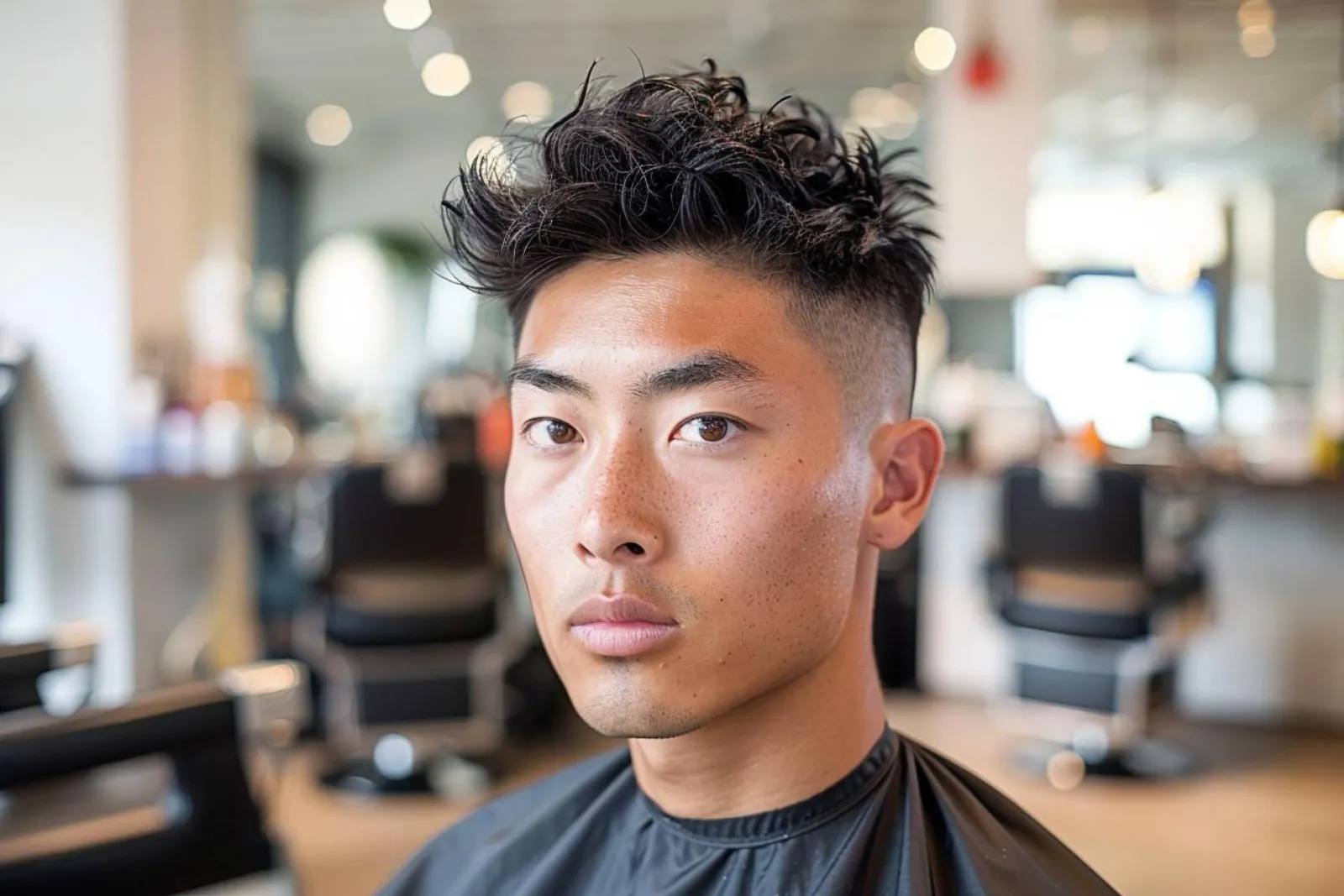 Un homme asiatique chez le coiffeur, avec une coupe texturée en cours de réalisation dans un salon moderne.