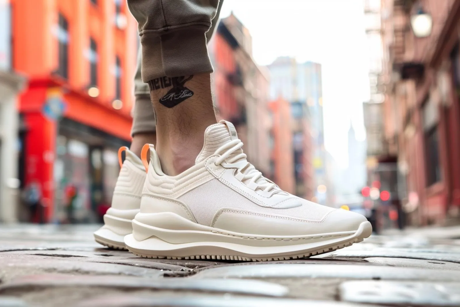 Une paire de sneakers essayée dans un décor urbain lumineux, avec plusieurs modèles alignés en arrière-plan.