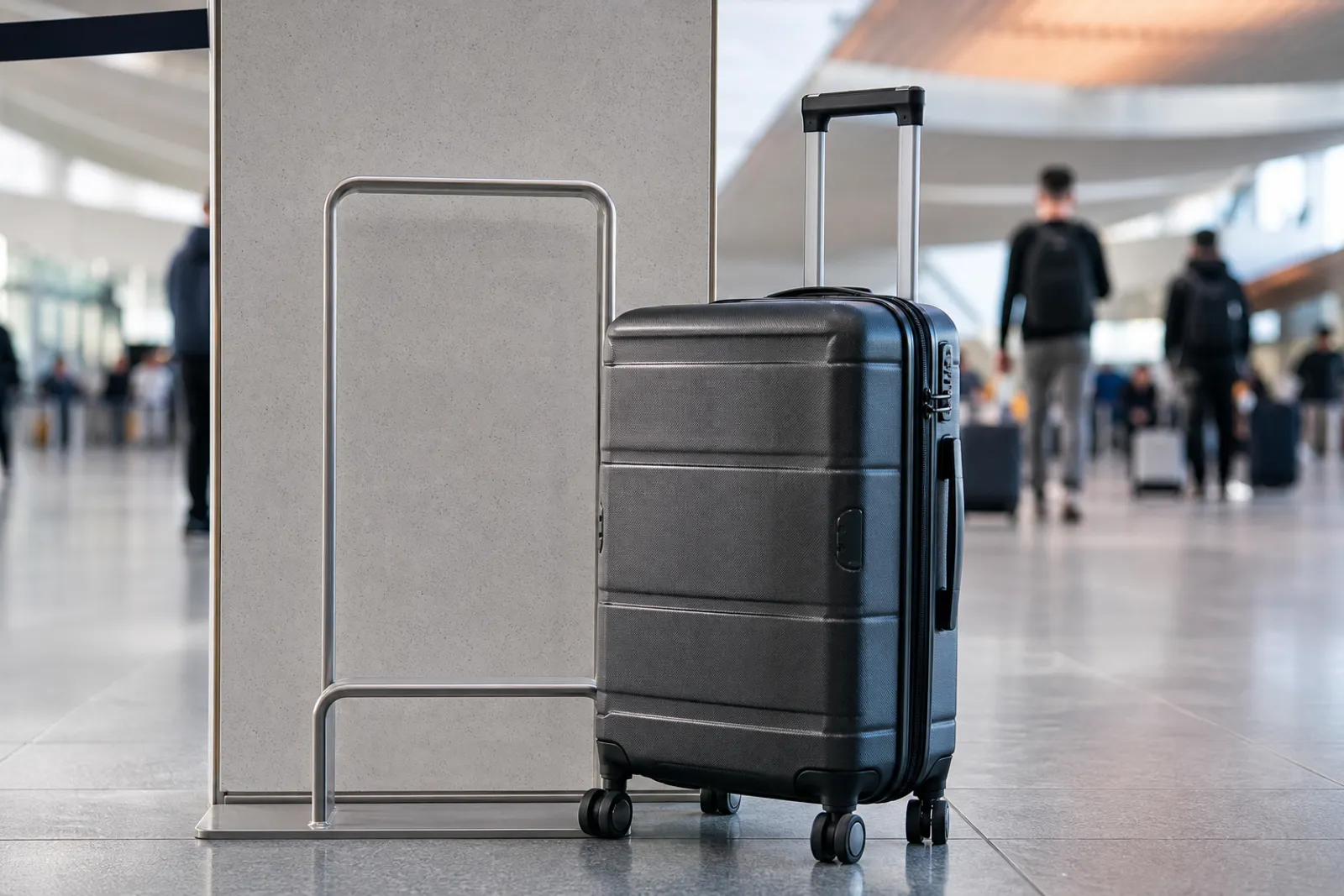 Valise cabine rigide posée près d'un gabarit de mesure à l'aéroport, avec des passagers en arrière-plan.