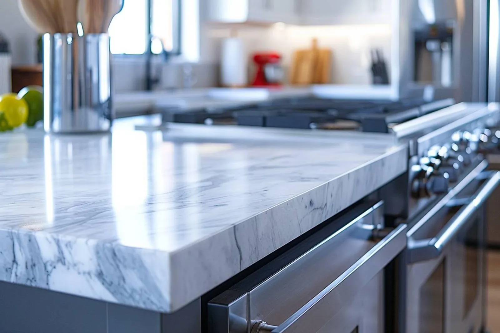 Cuisine contemporaine montrant un plan de travail sur mesure aux tons greige et noir mat, dans une lumière naturelle douce.
