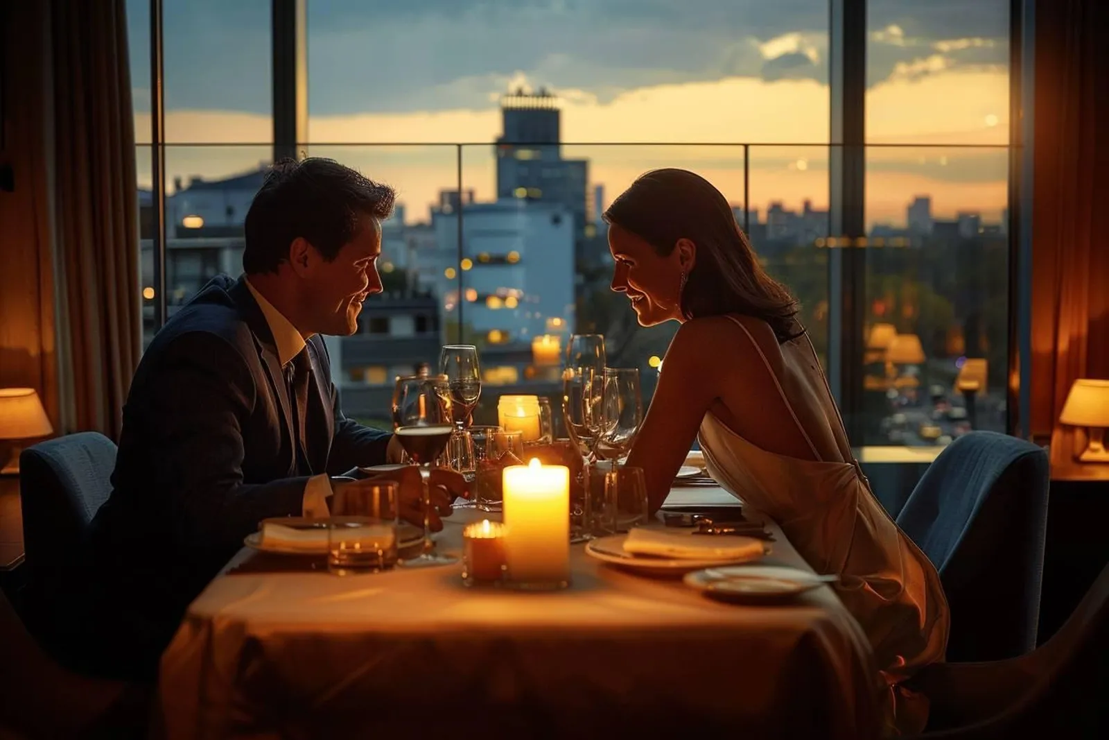 Deux personnes partagent un dîner raffiné dans un restaurant chaleureux, dans une ambiance élégante et conviviale.