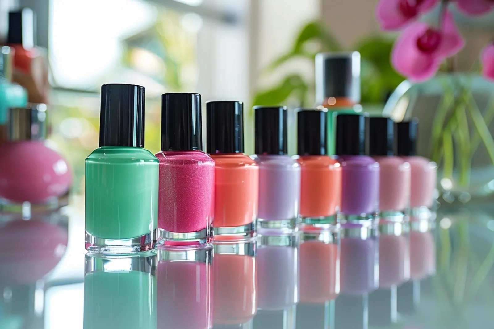 Une main avec plusieurs teintes tendance de vernis semi-permanent, du nude rosé au bordeaux en passant par un pastel et un métallisé doux.