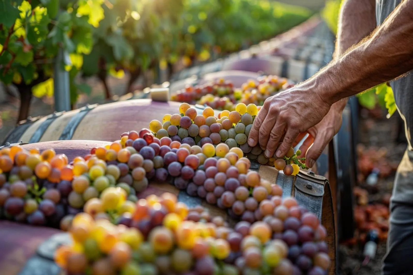 Un vigneron examine un vin dans un chai, devant des cuves et des fûts de chêne.