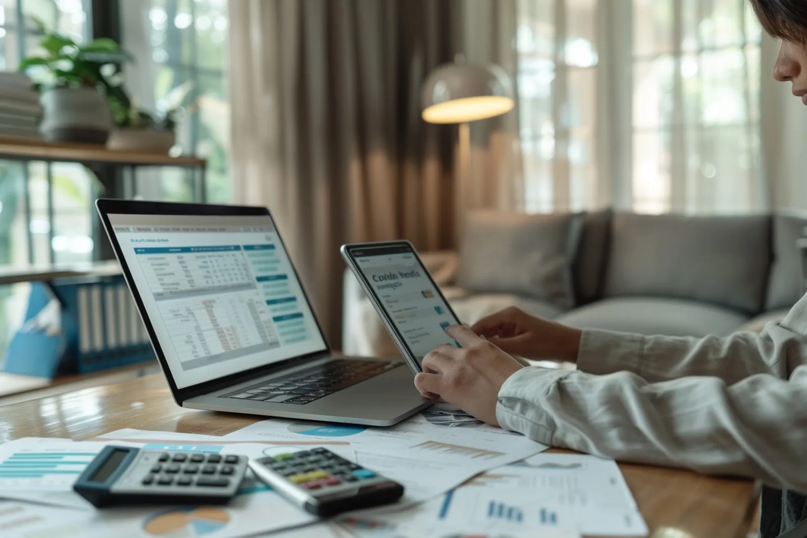Une personne compare des offres de crédit sur ordinateur avec un carnet et une calculatrice sur un bureau.