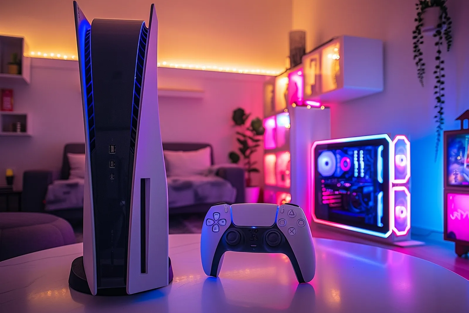 Une console PS5 avec sa manette DualSense posée devant un téléviseur allumé dans un salon moderne.