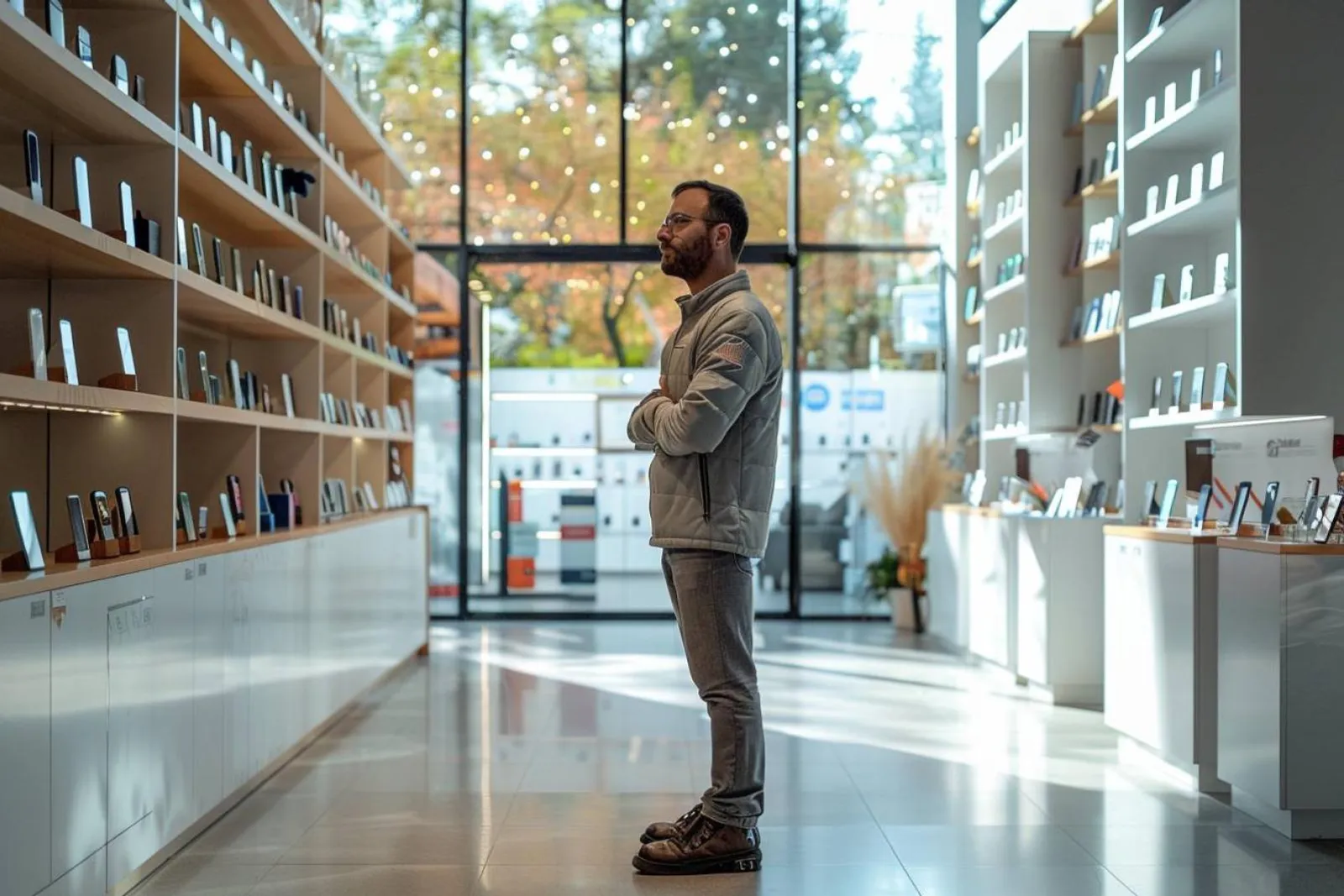Un responsable examine des lots de smartphones dans un entrepôt de gros lumineux et organisé.
