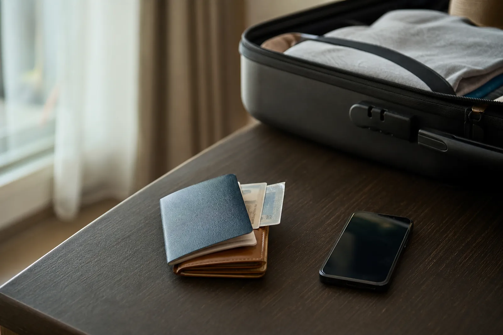 Un passeport, une carte d'identité et un téléphone posés sur une table à côté d'une valise ouverte.