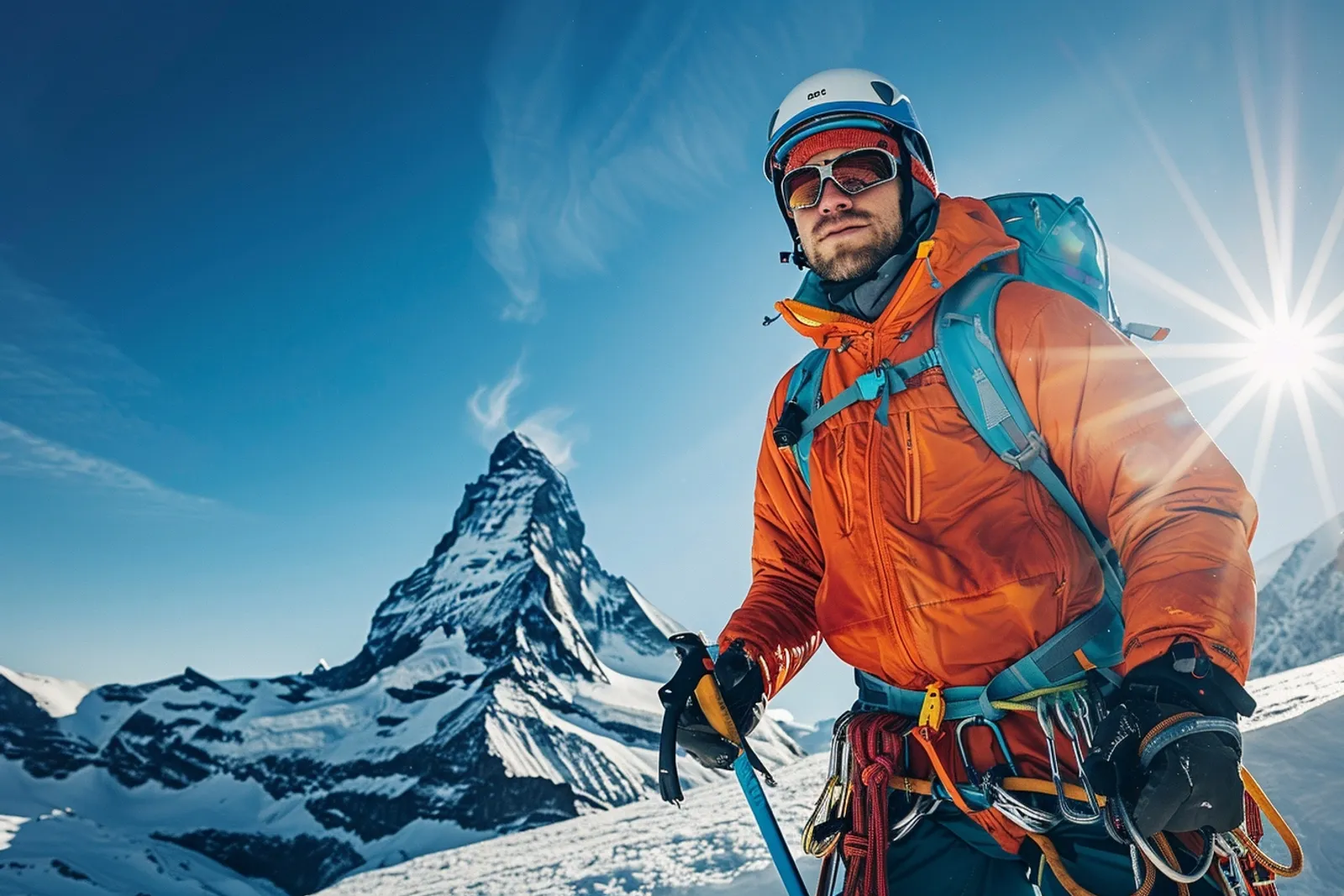 Deux alpinistes préparent leur matériel d’escalade en haute montagne sur une arête rocheuse, avec casque, corde, crampons et piolets visibles.