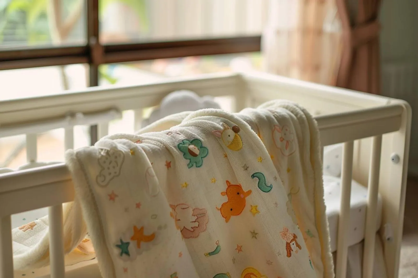 Une couverture bébé à motif doux posée dans une chambre apaisante aux tons pastel.