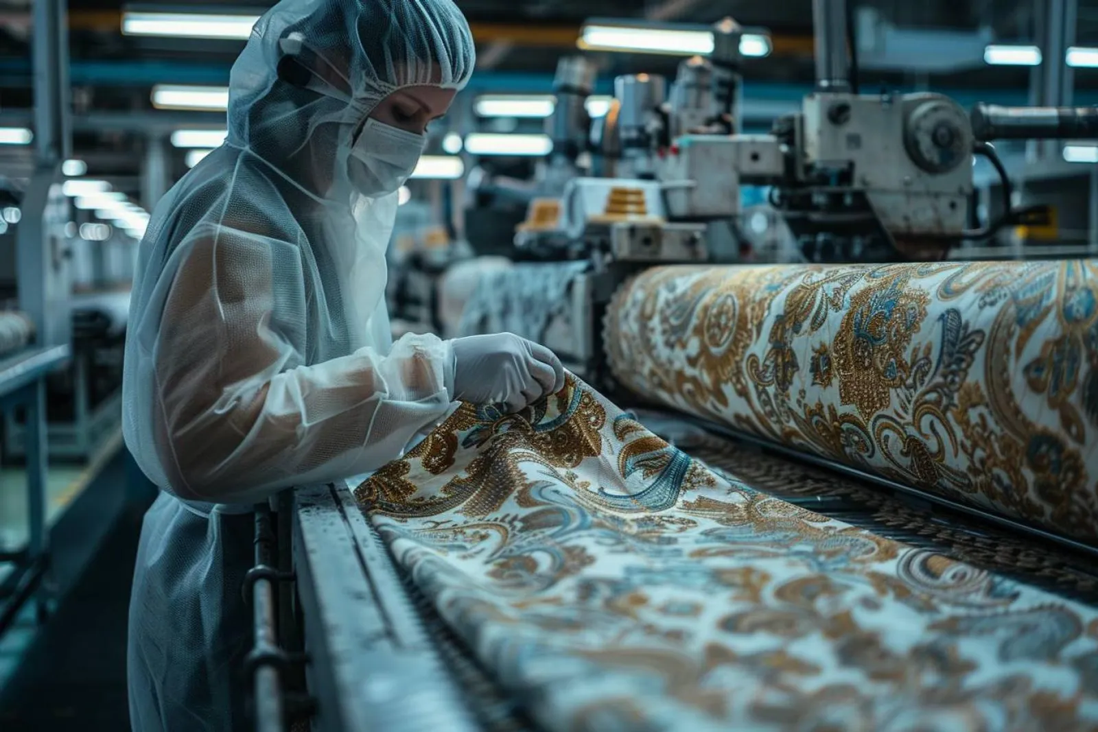 Une professionnelle marque un tissu à l’aide d’un tampon textile dans un atelier de mode lumineux.