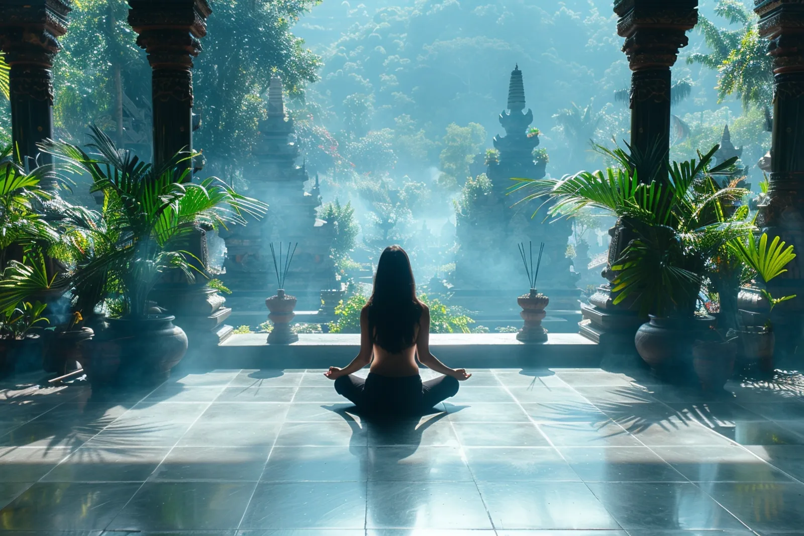 Une personne médite en silence dans une salle épurée baignée de lumière naturelle lors d’une retraite spirituelle bouddhiste.