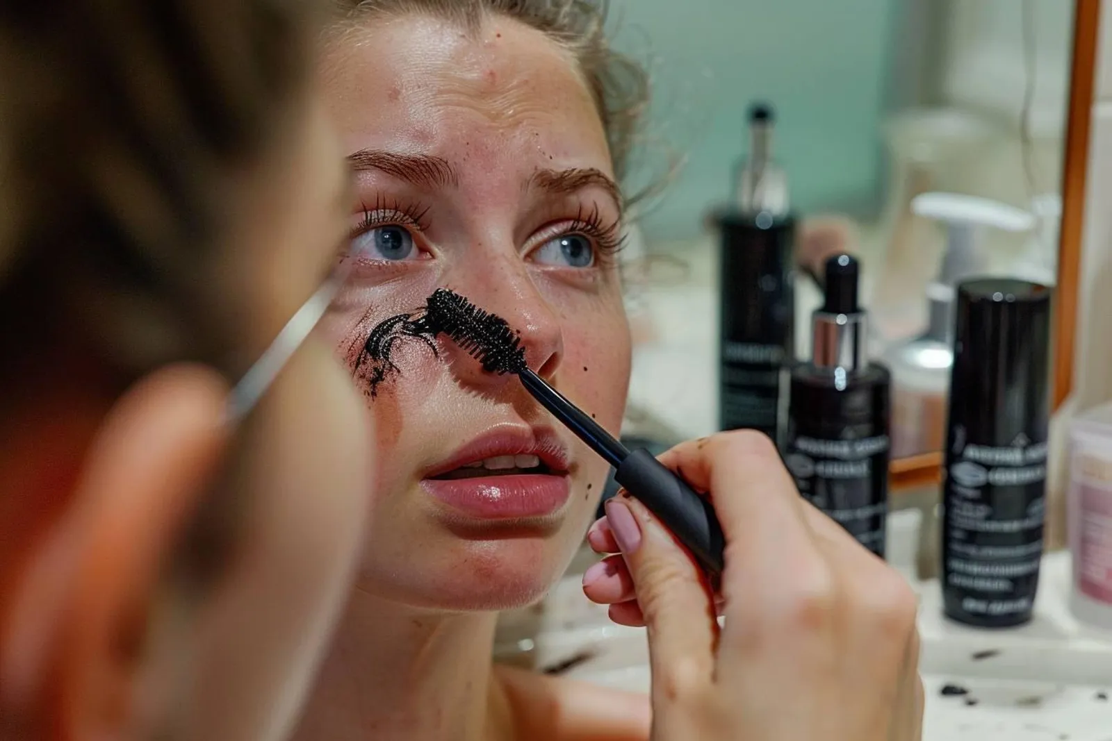 Une femme examine son œil dans un miroir avec un mascara et un coton, illustrant les risques d’irritation oculaire.
