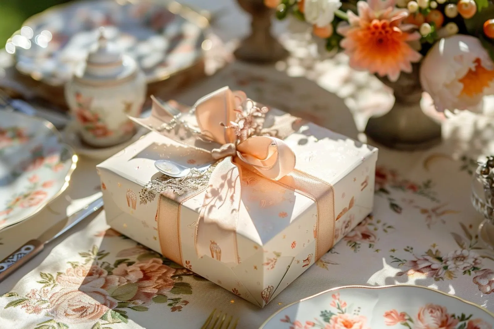 Des cadeaux d’invités de mariage élégamment présentés sur une table de réception, avec de petits pots gourmands et des cartes personnalisées.