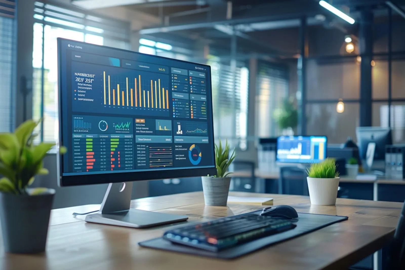 Une équipe en réunion examine un tableau de bord ERP sur écran dans un bureau moderne.