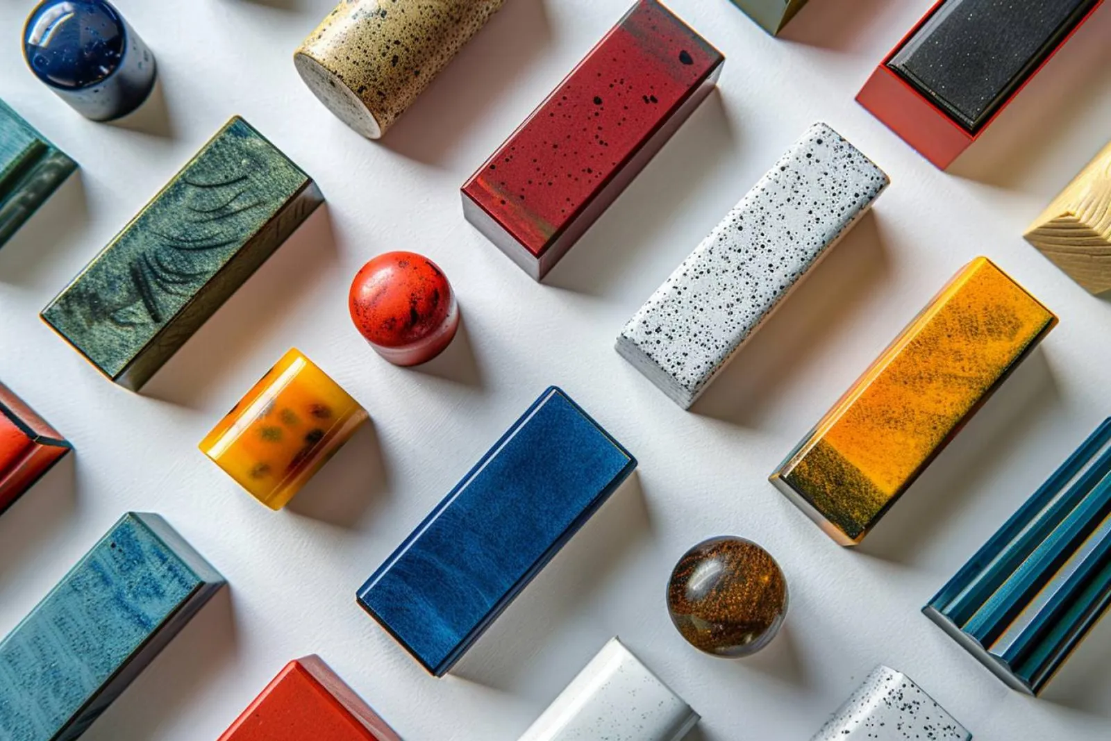 Plusieurs tampons personnalisés disposés sur un bureau avec un document et un encrier.