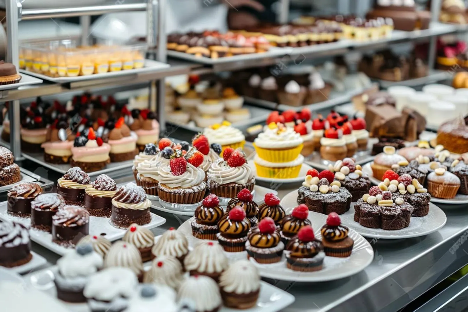 Un élève en CAP Pâtisserie dispose sur un plan de travail des tartes, éclairs, meringues et viennoiseries dans un laboratoire professionnel.
