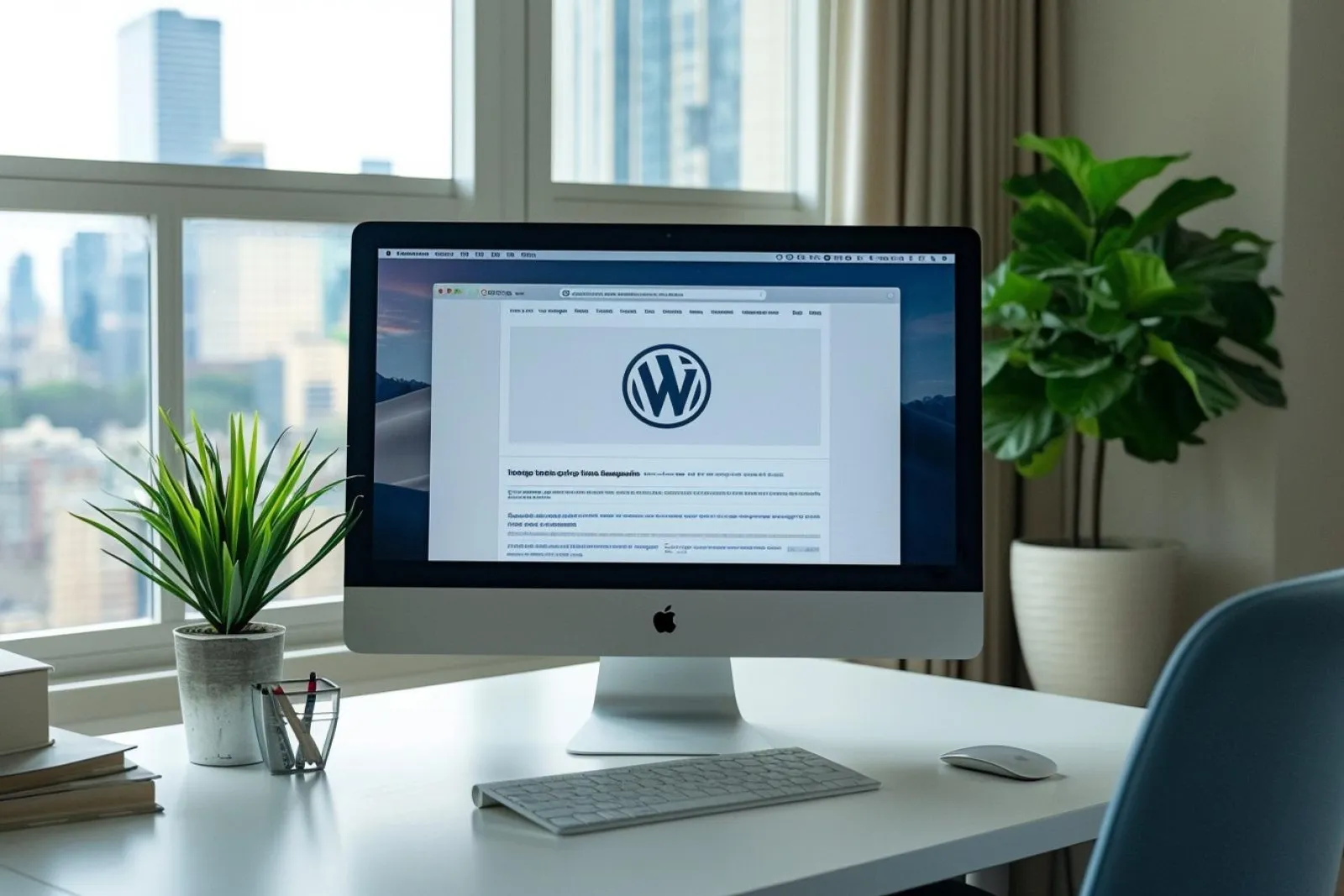 Personne configurant un site WordPress sur un ordinateur portable dans un bureau lumineux et sobre.