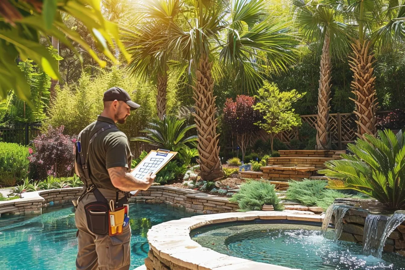 Un pisciniste paysagiste étudie l’intégration d’une piscine dans un jardin contemporain avec terrasse et plantations.