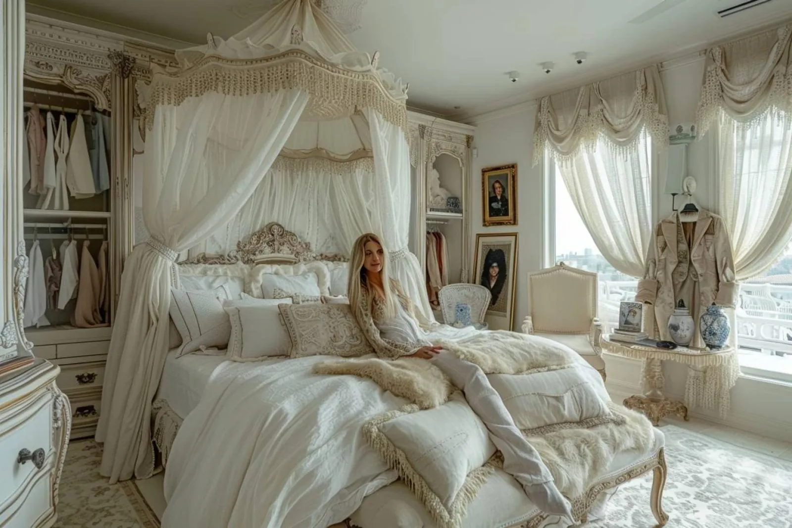 Une chambre chic et lumineuse inspirée de Serena Van Der Woodsen, avec des tons clairs, des touches dorées et une atmosphère élégante.