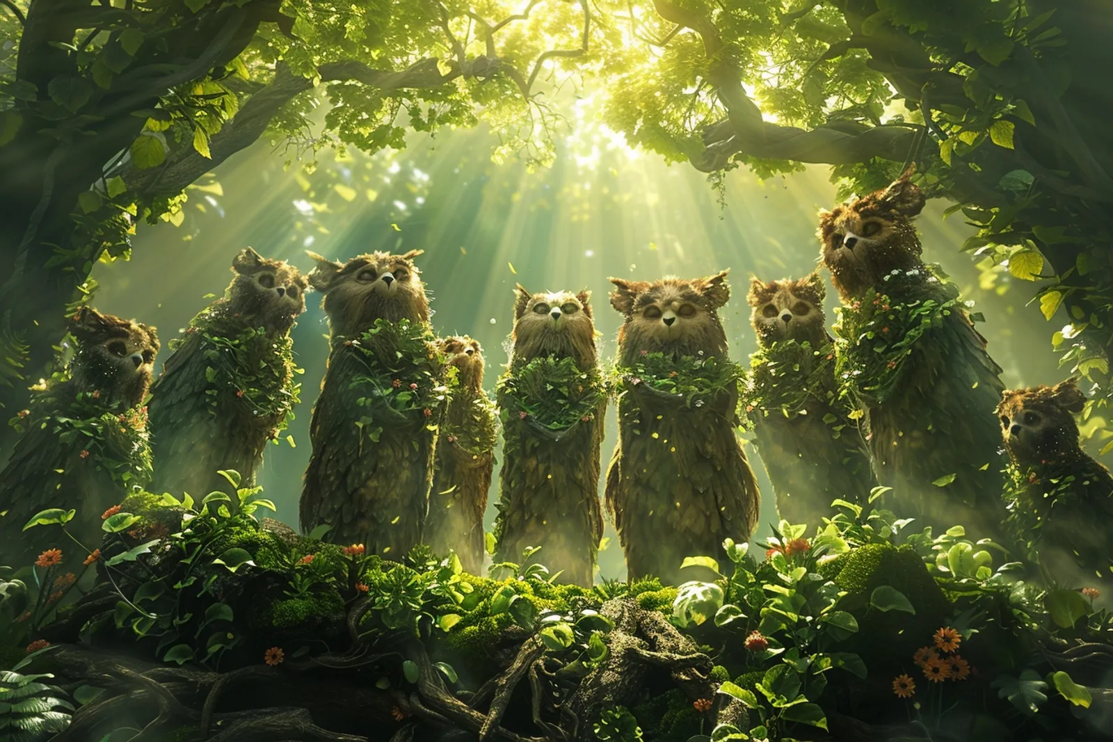 Un garde forestier observe une forêt au lever du jour, au milieu des arbres et d’un sentier discret.