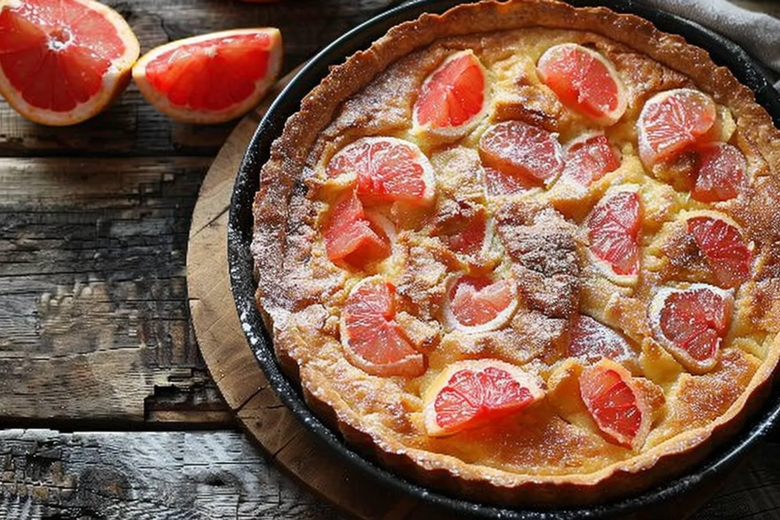Un clafoutis au pamplemousse doré, servi sur une assiette avec des amandes effilées et un léger voile de sucre glace.