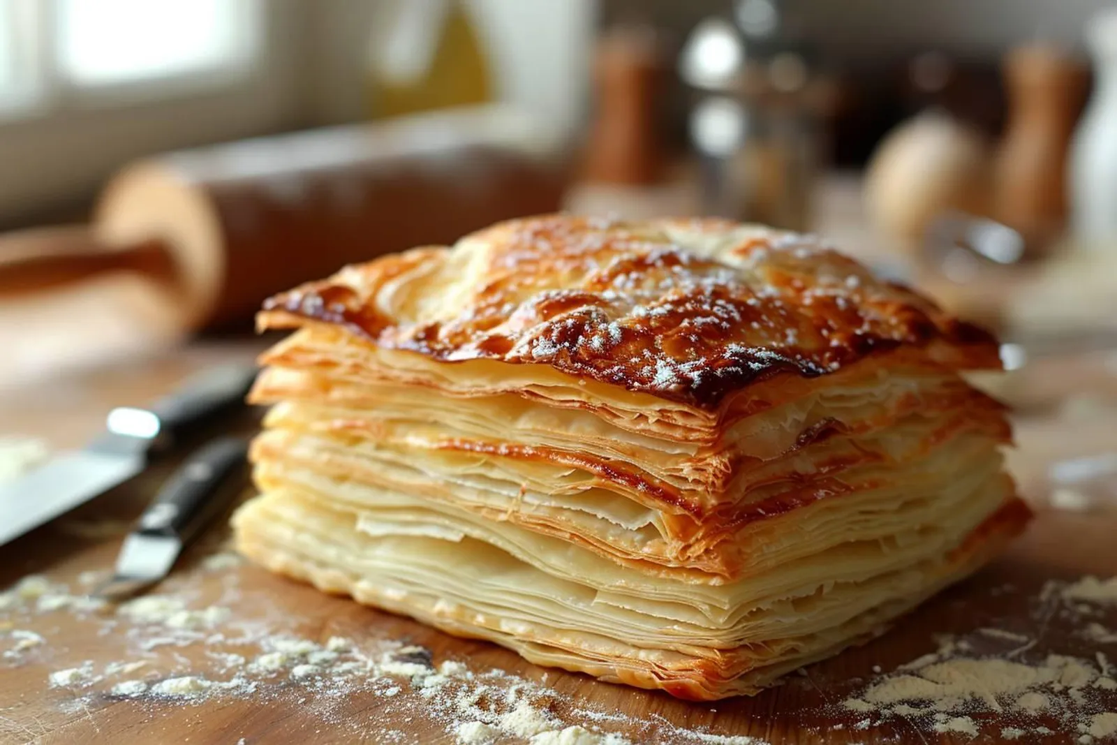 Une pâte feuilletée maison en cours d’étalage sur un plan de travail fariné, avec des couches de beurre visibles.