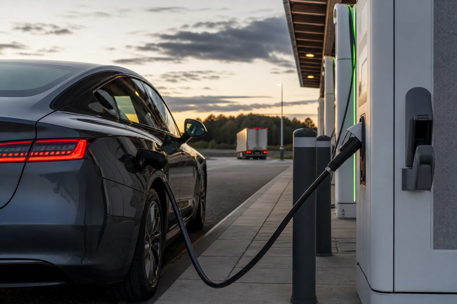 Une voiture électrique branchée à une borne de recharge rapide sur une aire d'autoroute en fin de journée.