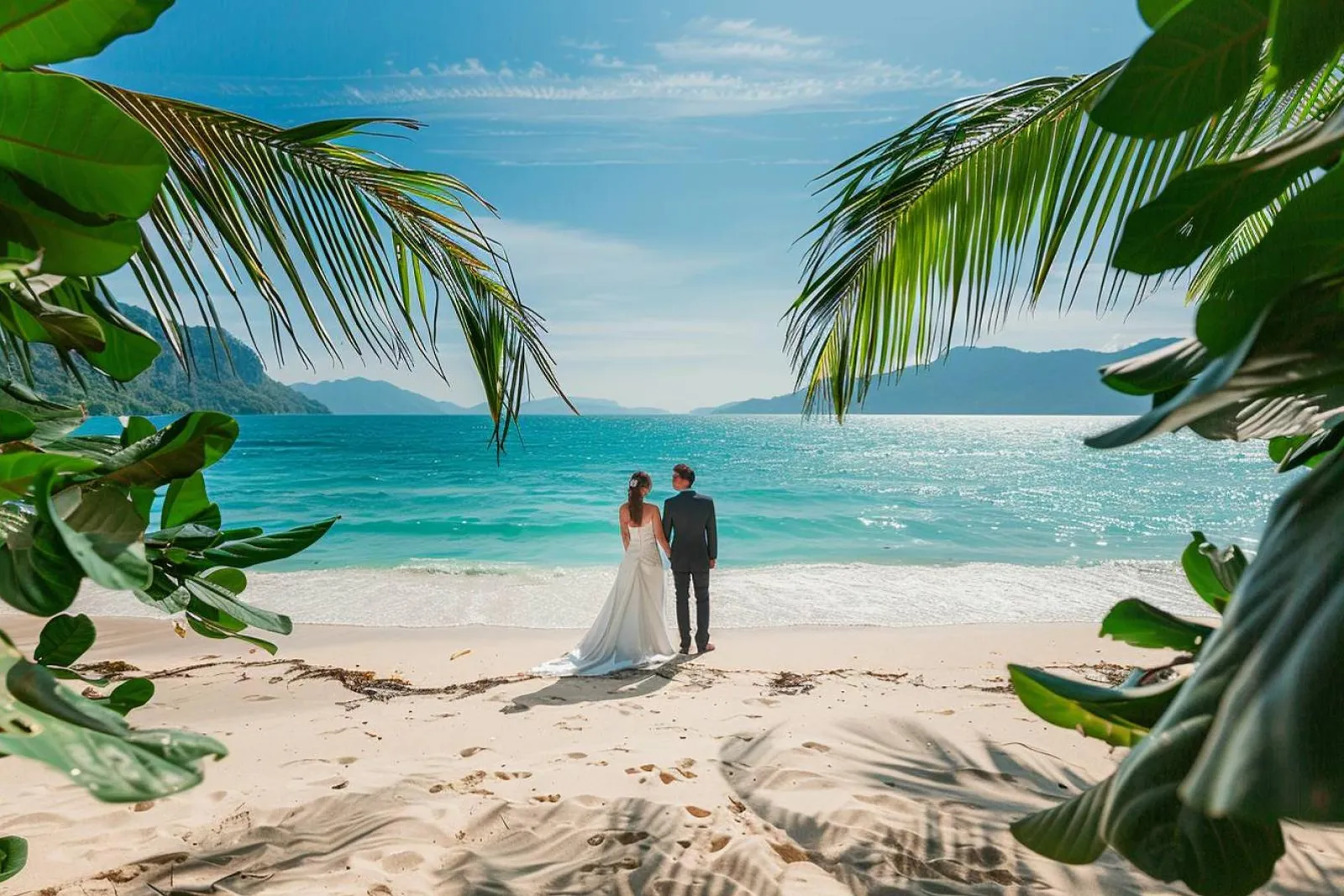 Un couple en voyage de noces sur une plage paisible de Thaïlande au coucher du soleil, avec la mer turquoise en arrière-plan.