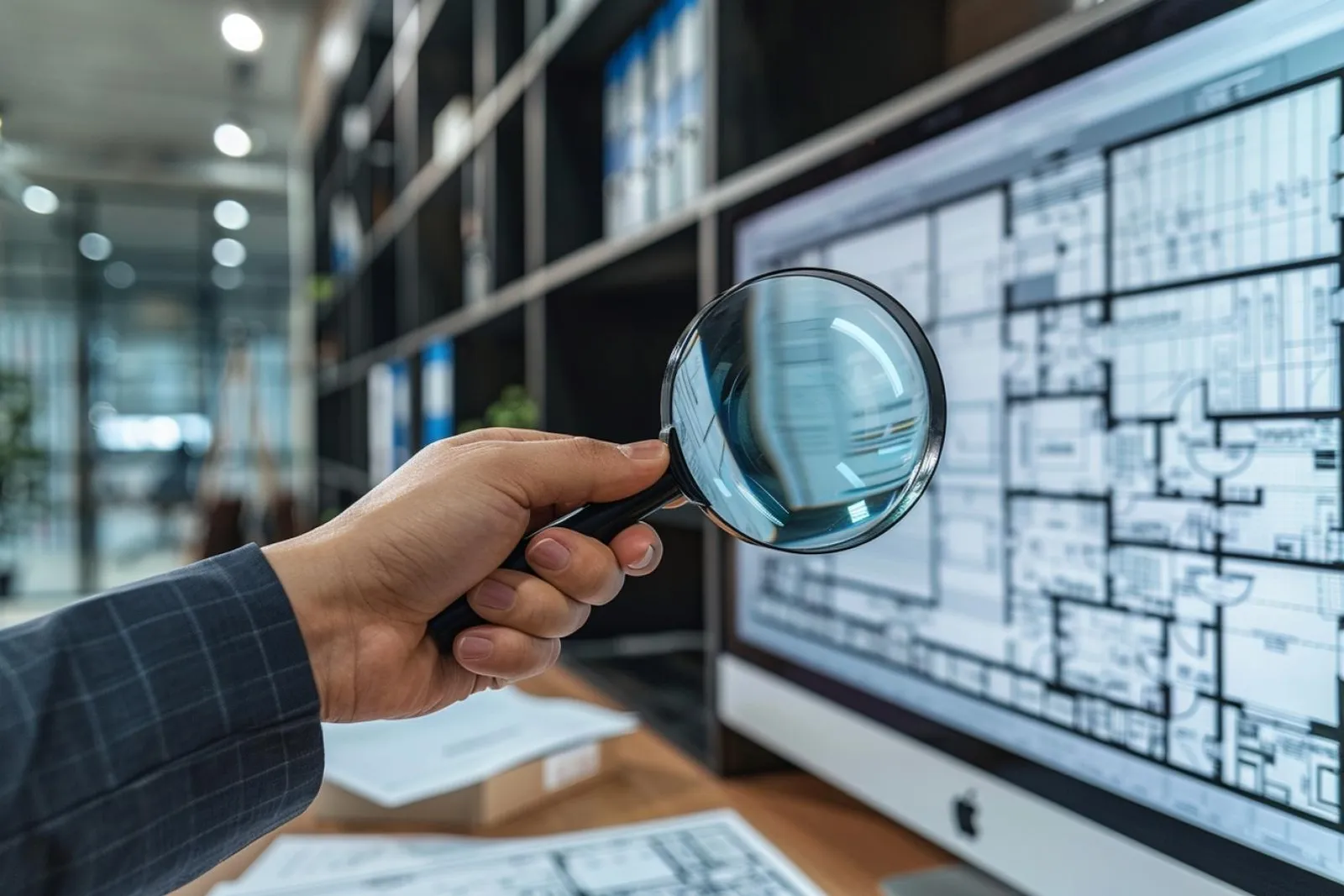 Un acquéreur immobilier et un notaire consultent des documents fonciers sur un bureau, avec un plan cadastral et des clés à côté.