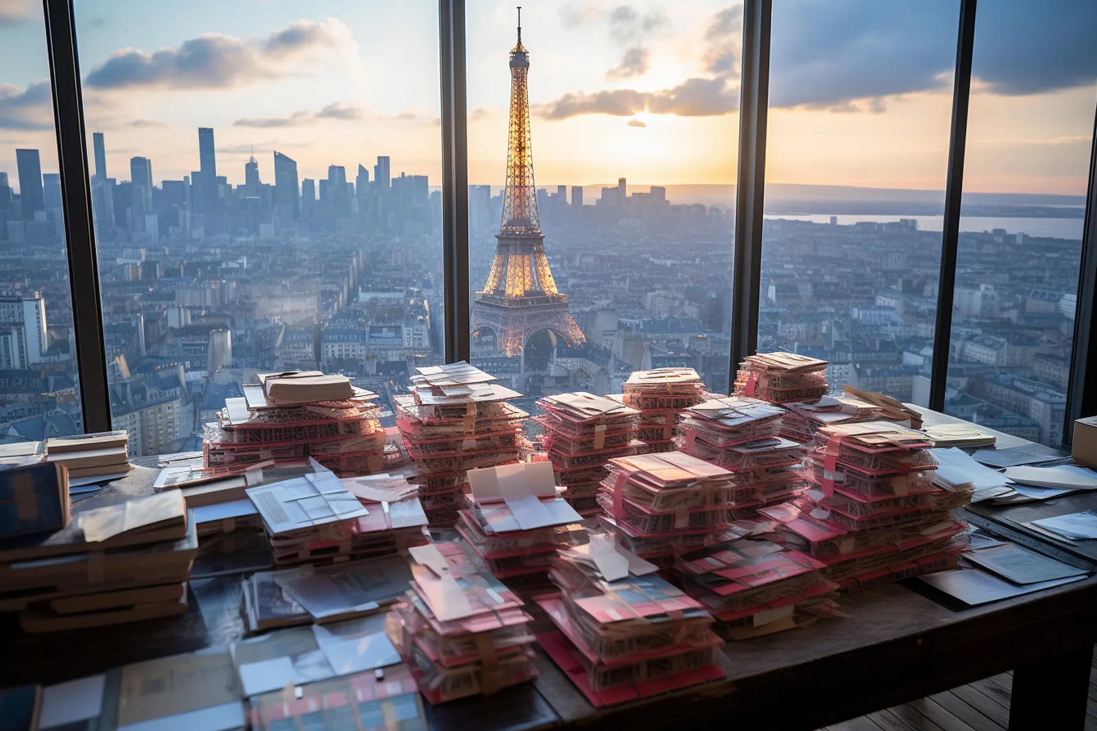 Une équipe reçoit une commande de brochures imprimées livrée dans un bureau parisien moderne.