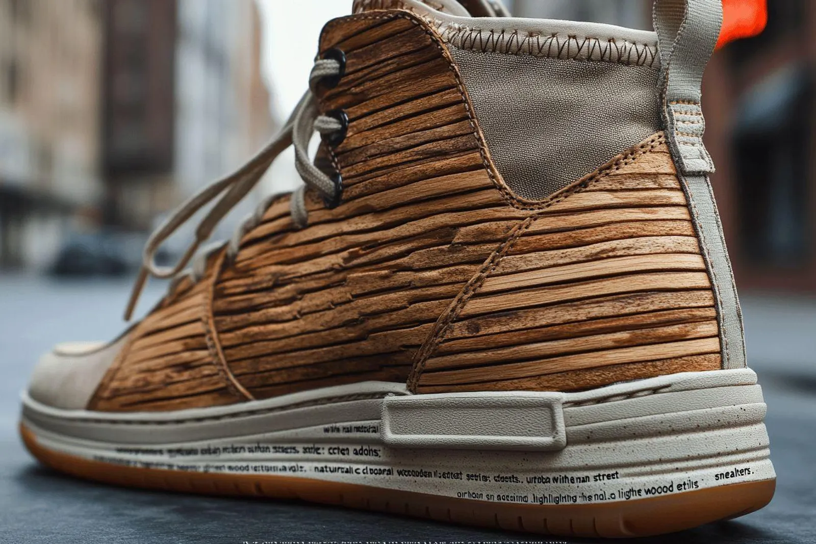 Une paire de sneakers urbaines avec détails en bois posée sur un trottoir de ville, dans une ambiance naturelle et contemporaine.