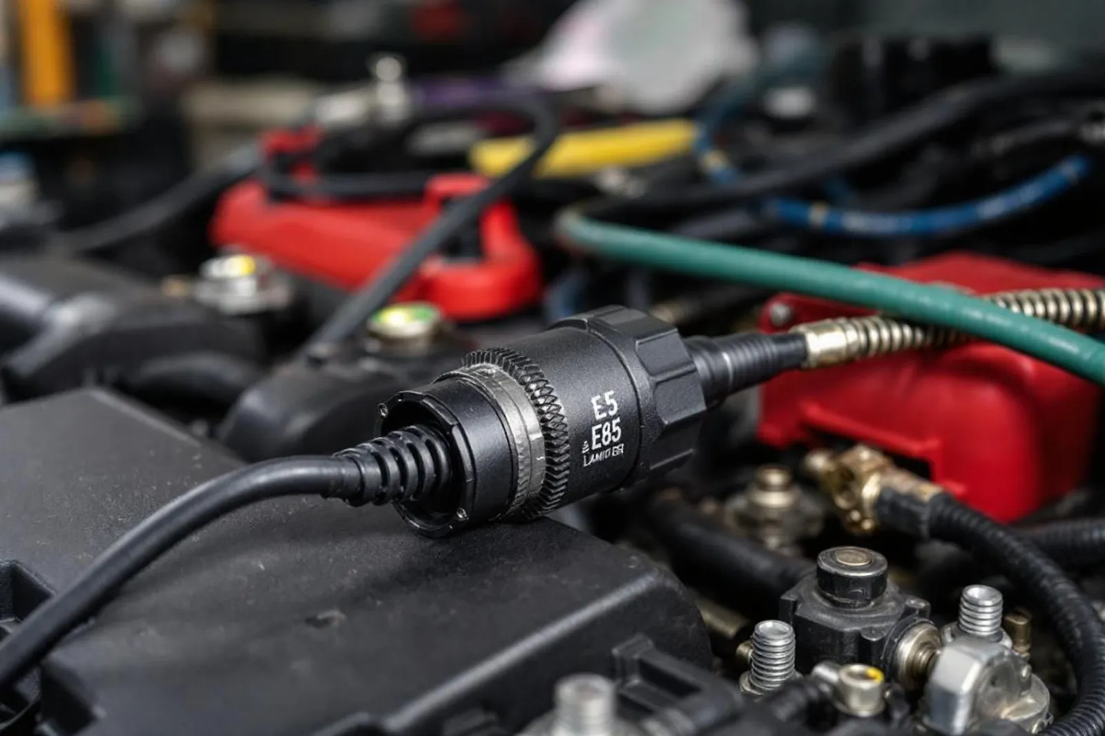 Un mécanicien réalise un diagnostic OBD sur une voiture, avec la zone de la sonde lambda visible sous le capot.