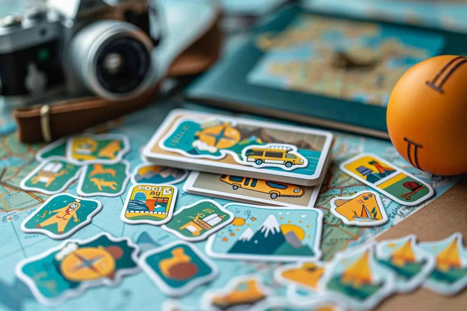 Une carte bancaire personnalisée avec un sticker sur le thème du voyage, posée près d’une carte et d’un carnet de route.
