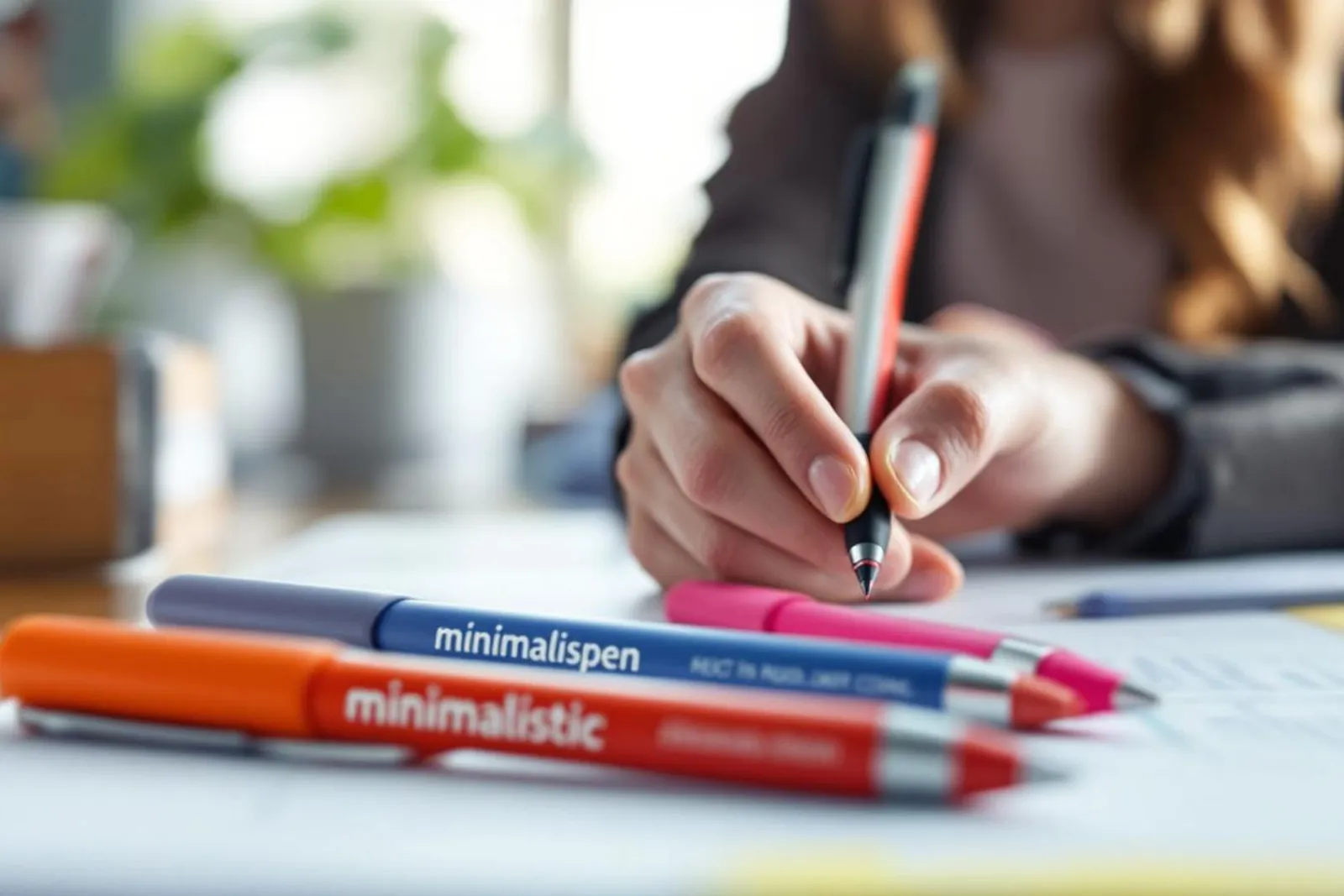 Un stylo publicitaire posé sur un bureau avec un carnet et un smartphone affichant un QR code, dans une ambiance professionnelle.