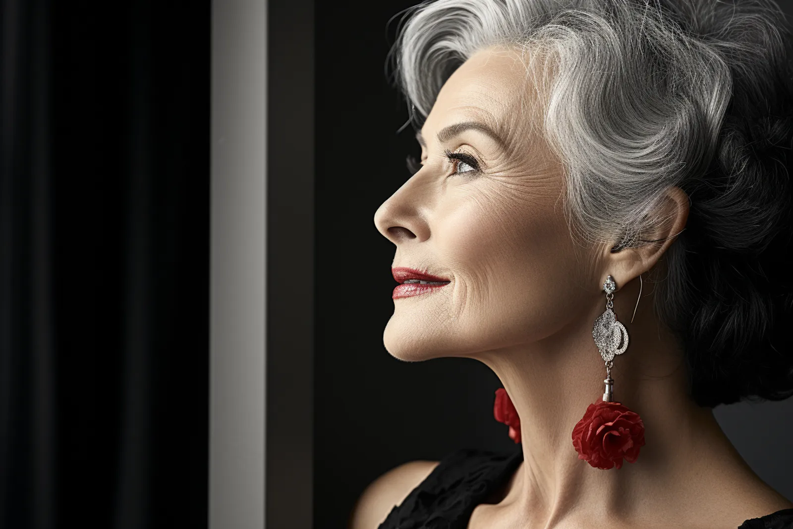 Une femme élégante de 70 ans avec une frange souple, assise chez le coiffeur dans une lumière naturelle.