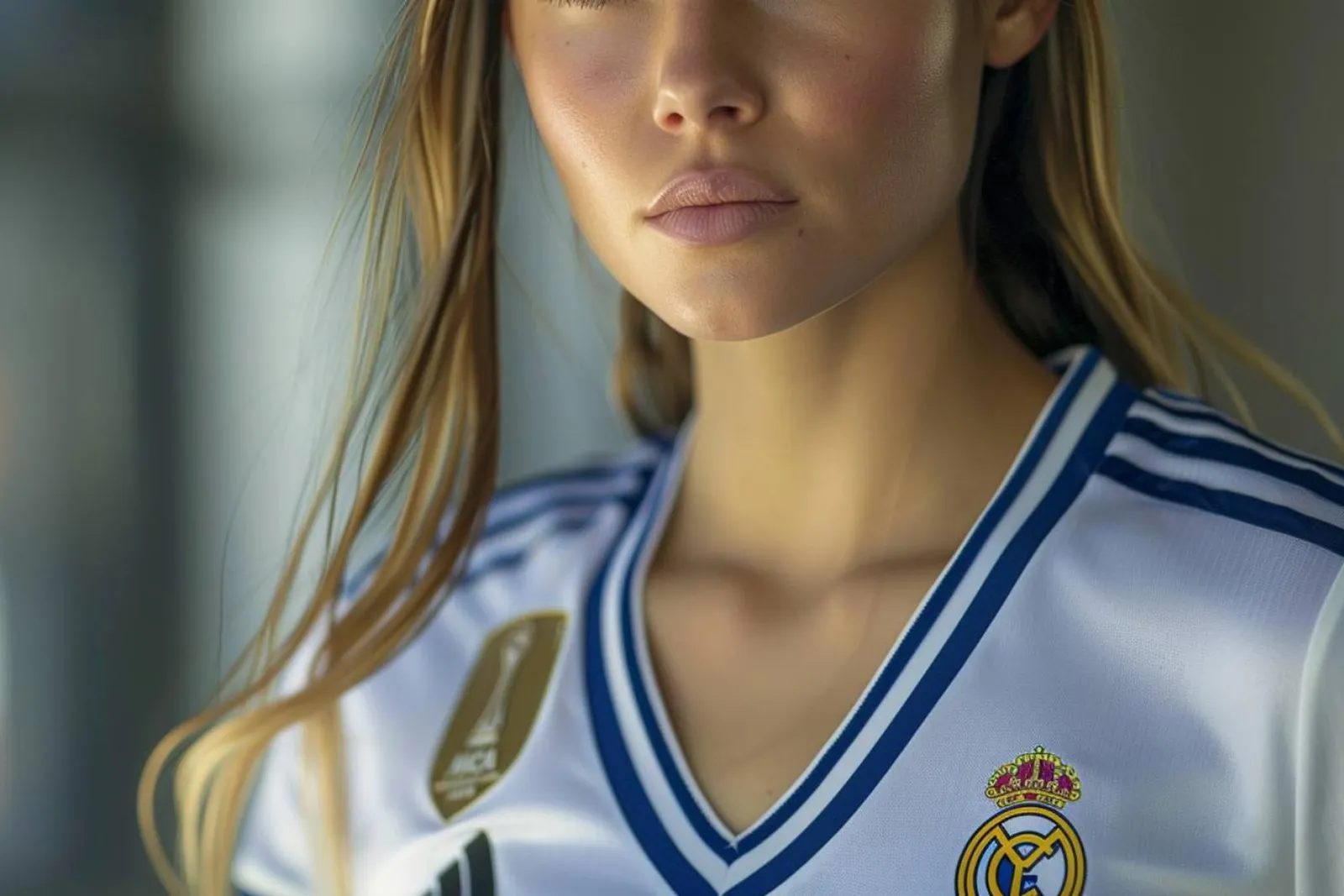 Une femme examine un maillot officiel du Real Madrid pour femmes dans un magasin de sport lumineux.
