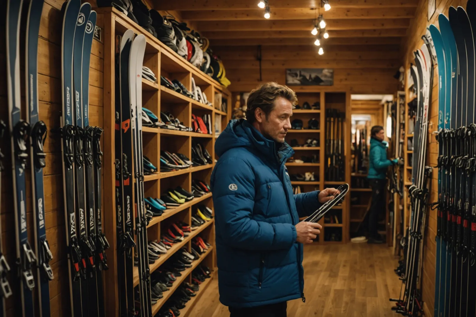 Un skieur essaie des chaussures de ski dans un magasin de sport en station, avec skis et casques exposés autour de lui.