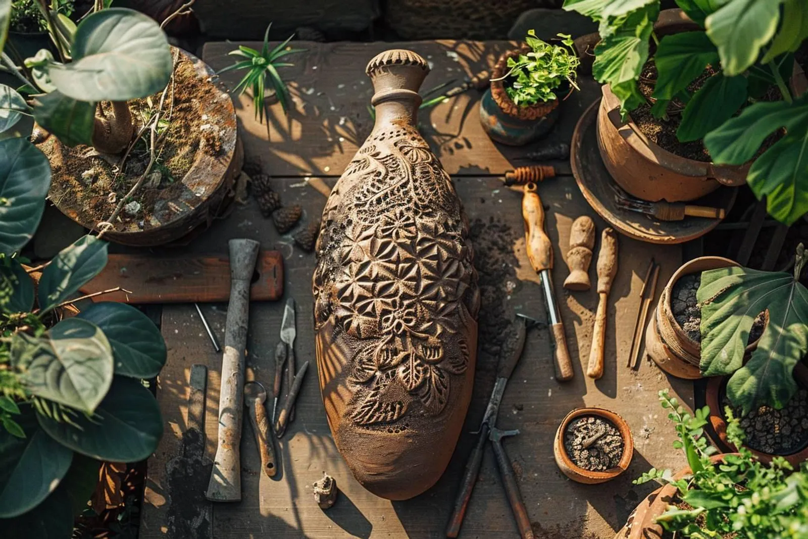 Une personne façonne une petite sculpture en argile autodurcissante sur une table d’atelier, avec des outils et des pièces finies à proximité.