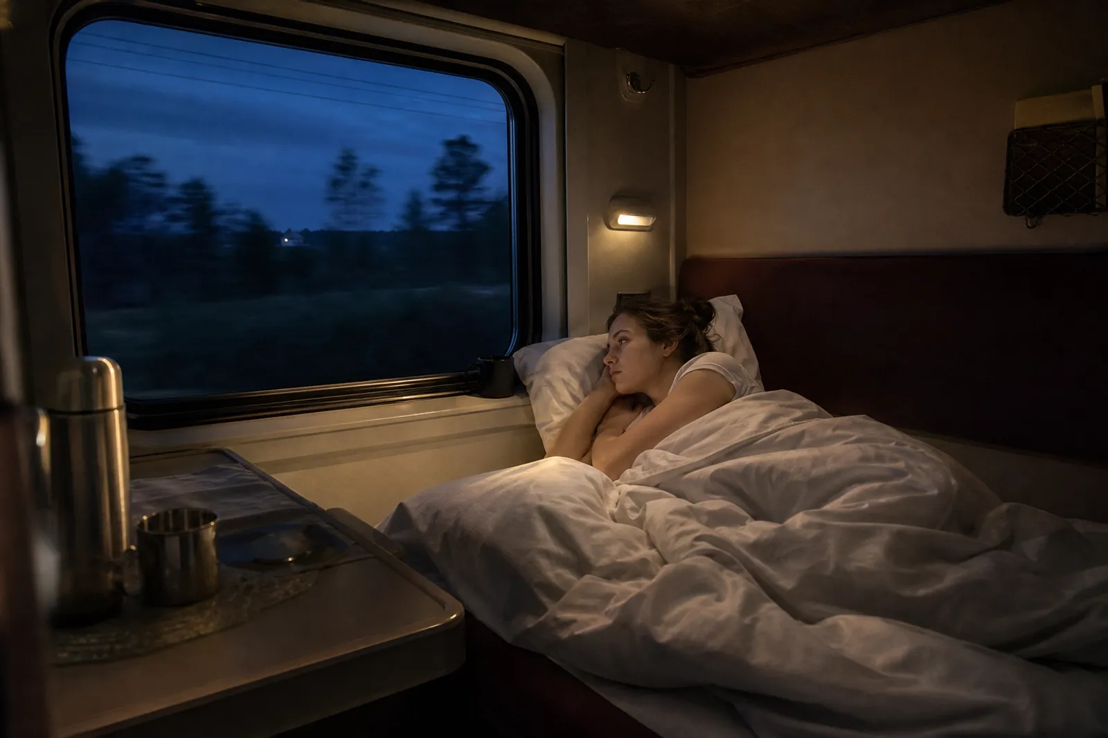 Compartiment de train de nuit avec couchettes, ambiance tamisée, vue sur un paysage nocturne défilant par la fenêtre.