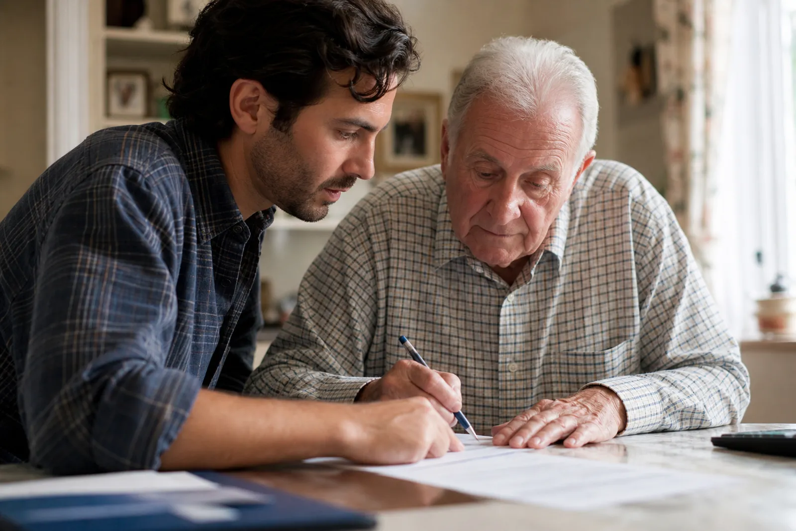 Une personne accompagne un proche âgé pour remplir des documents administratifs à une table, ambiance calme et bienveillante.