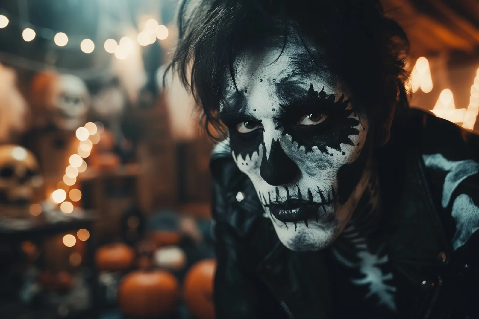 Une personne termine un maquillage de squelette pour Halloween devant un miroir, avec les produits de maquillage disposés sur la table.