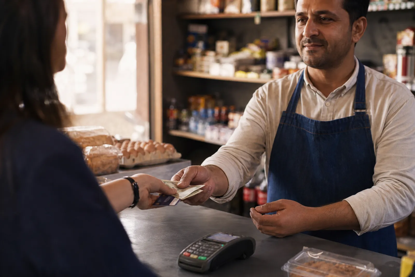Un client tend des billets et une carte bancaire au comptoir d'un petit commerce, près d'un terminal de paiement.