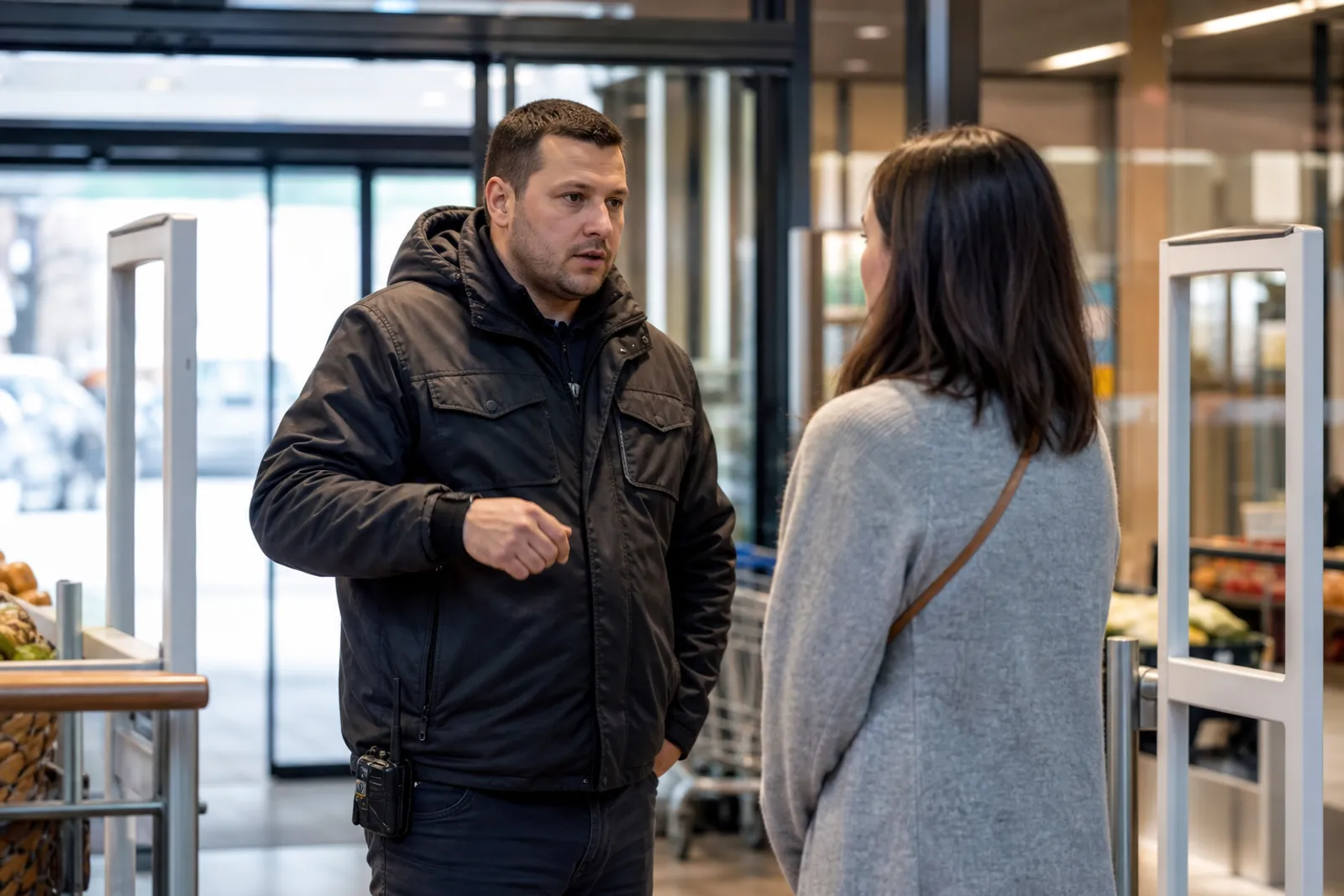 Un agent de sécurité en veste sombre échange avec un client devant les portiques antivol de la sortie d'un magasin.