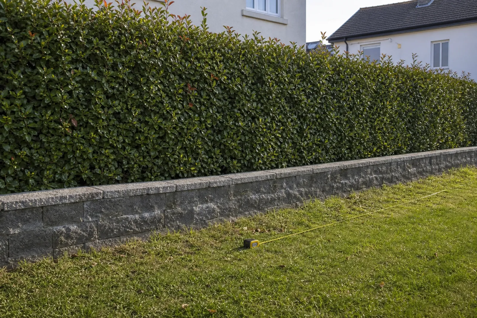 Une haie de jardin séparant deux propriétés, avec un muret et un ruban à mesurer posé au sol le long de la limite.