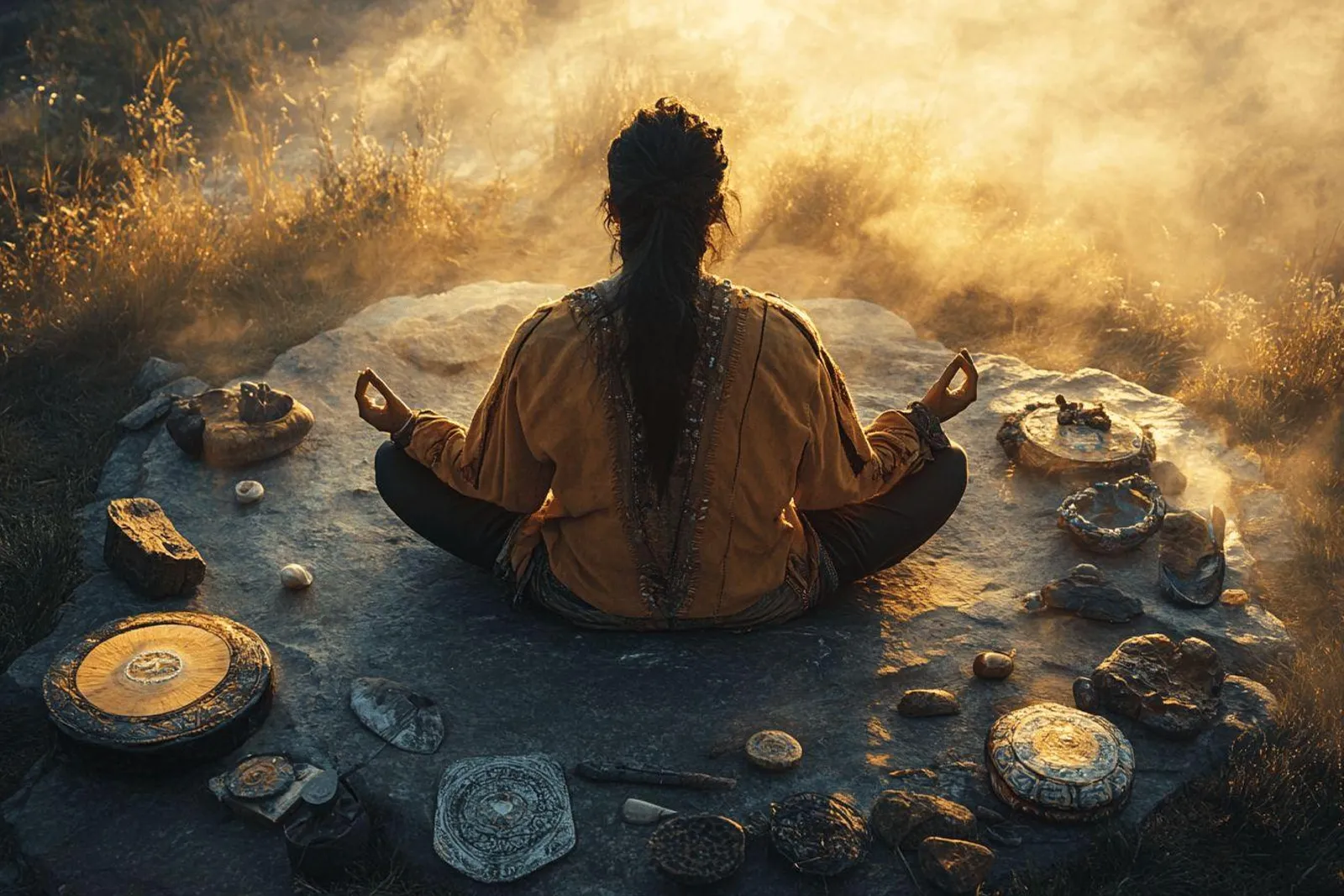 Une personne assise dans un espace calme, avec un tambour et un carnet, dans une ambiance propice à l’introspection.