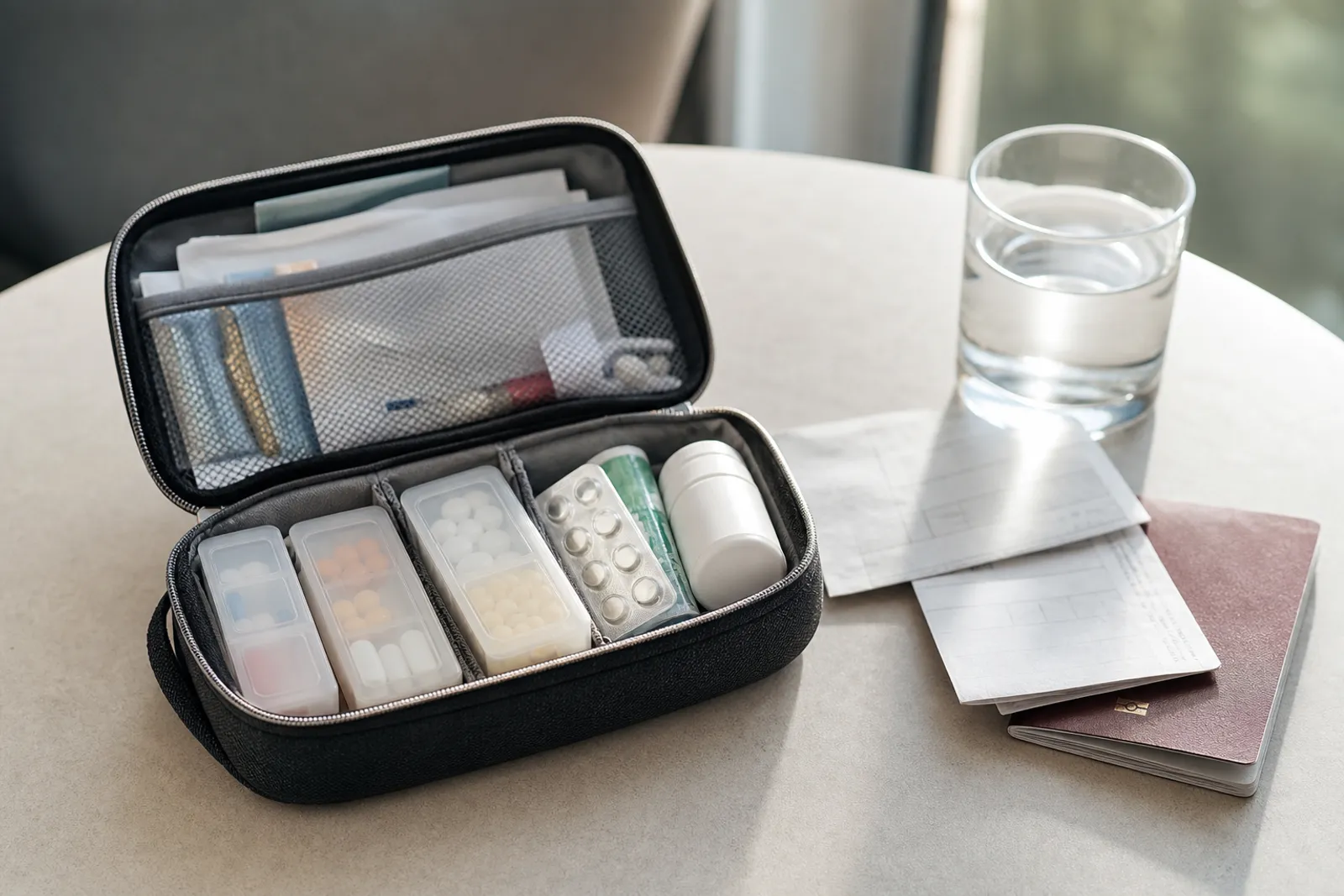 Une trousse de voyage ouverte avec des boîtes de médicaments, une ordonnance et un passeport posés sur une table claire.